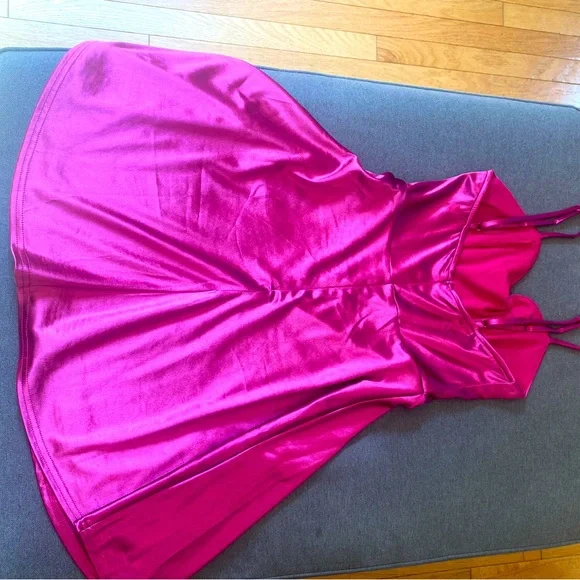 Lulus Shine Sweetly Magenta Mini Satin Skater Dress XS - Picture 2 of 2